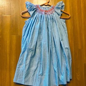 Hand Smocked Angel sleeve dress Sz 5/6 blue pinstripes coral smocking